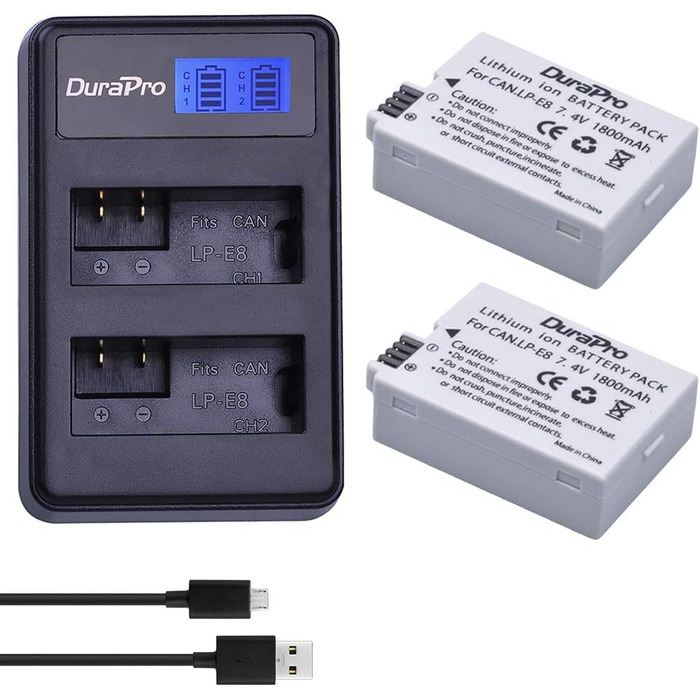 Акумулятор DuraPro LP-E8 для Canon (2 шт.) + LED USB зарядний пристрій; сумісний з EOS 550D, 700D, 600D, 650D, Rebel T2i T3i T4i T5i, Kiss X4 X5 X6i X7i DSLR