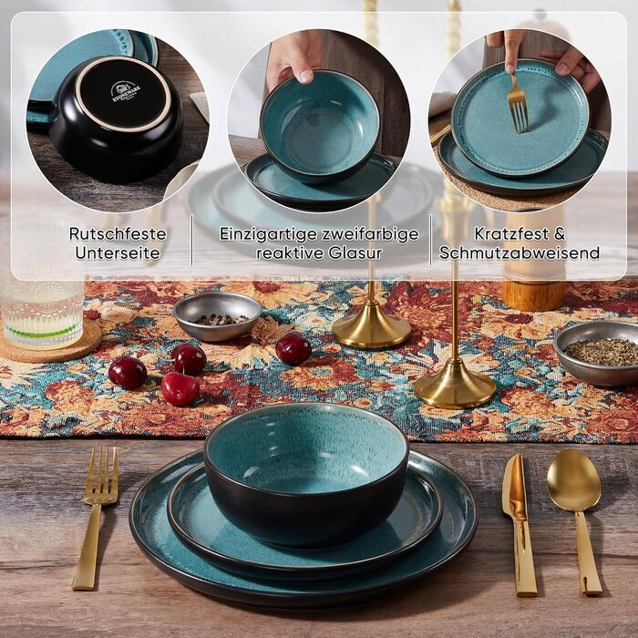 Набір посуду HaWare для 6 осіб, 18 предметів: тарілки, десертні тарілки, миски, стельова глазур, посуд для сервірування столу, блакитний колір, безпечний для мікрохвильовки та посудомийної машини