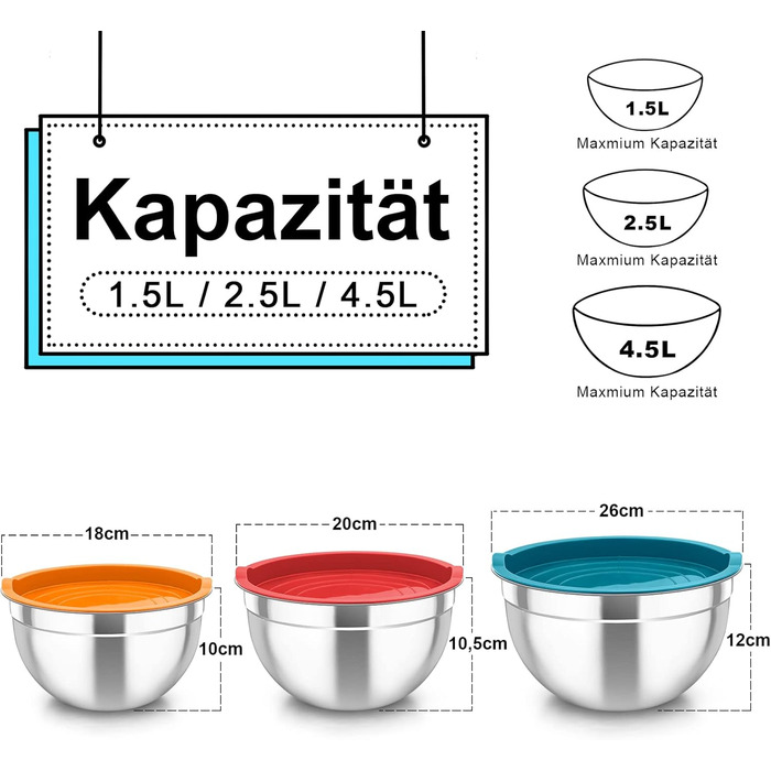 Набір мисок TEAMFAR з нержавіючої сталі, 3 шт. з кришкою, 4.5L/2.5L/1.5L, для приготування їжі, випічки та сервірування, миюча посудомийна машина, кольорові