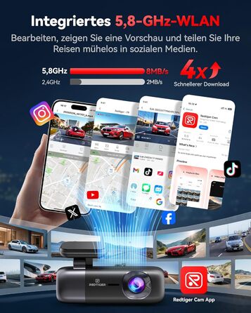 Автомобільний відеореєстратор REDTIGER 4K Ultra HD (передній та задній), GPS, 5.8GHz WiFi, нічний режим, режим паркування, підтримка карт пам'яті до 256ГБ, модель F9