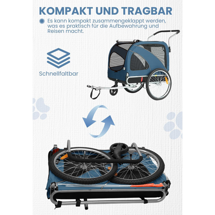 SEPNINE® Причіп для собак XL 2-в-1: велосипедний та візок для собак з відбивачами та гальмом, 600D Oxford Canvas, вантажопідйомність до 40 кг - Оранжевий (Синій)