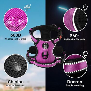 Нашийник для собак середніх порід NESTROAD, розмір M, анти-тяга, обхват шиї 33-43 см, обхват грудей 43-64 см, безпечний, з підкладкою, колір: рожевий