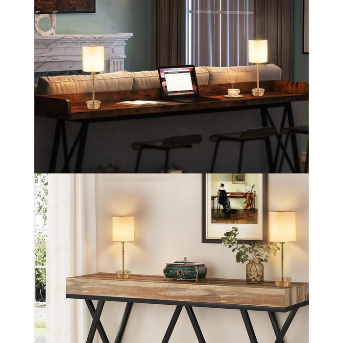 OCEST Настільна лампа на акумуляторі, сенсорне керування, регульована яскравість, для дому, кухні, тераси, їдальні (античне латунь-льон), плафон з шовку 41,5 см