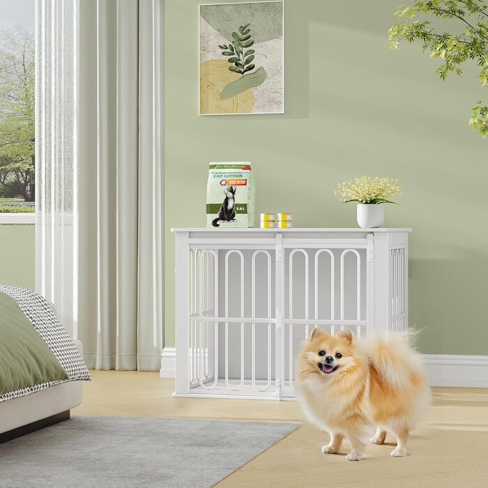 Дерев'яний вольєр для собак, 81 см, переноска для собак, клітка з 2 дверцятами, розсувні двері, для маленьких та середніх собак, міцний, з функцією столику, 81 × 55 × 62,4 см, білий