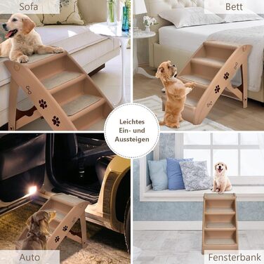 COSTWAY 4-Step Pet Staircase with Carpet, Dog Stairs Plastic Cat Stairs Folding, Portable Dog Ramp Pet Stairs for Dogs and Cats, Pet Ramp for Climbing and Scratching (Brown)