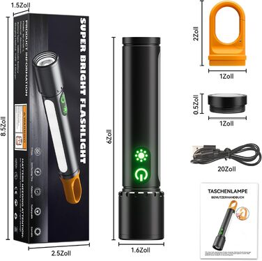 Ліхтар LED акумуляторний 500000 люмен, 9 режимів, XHP90.2, Zoom, IPX7, водонепроникний, для кемпінгу, туризму, надзвичайних ситуацій, чорний