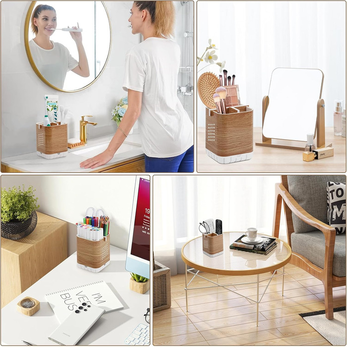 Тримач для електричної зубної щітки з підставкою для насадок, органайзер для ванної кімнати, стаканчик для зубної пасти, знімний тримач для зубних щіток з отвором для зливу (дерев'яна текстура)