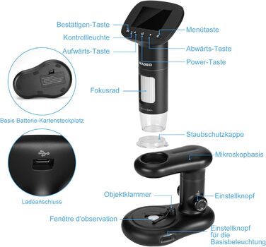 Цифровий мікроскоп WADEO USB HD з 50x-1600x збільшенням, портативна інспекційна камера, кабельне ручне збільшення з 8 LED та стійкою, сумісний з iOS, Android та планшетами (2 дюйми)