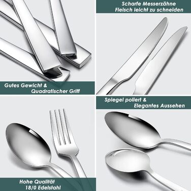 Набір столових приборів Herogo на 6 осіб (36 предметів) з нержавіючої сталі, з ножем для стейка, для дому/ресторану, миюча в посудомийній машині (квадратний)