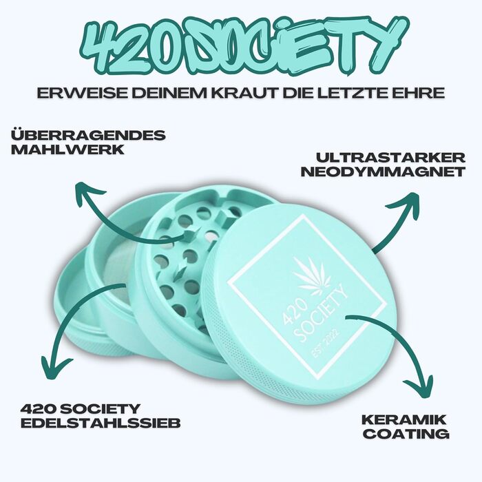 Преміум керамічна млинка для спецій 420 Society, 4-в-1, антипригарна, Nano кераміка, комплект догляду, м'ятна
