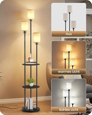 Стельова лампа для вітальні з поличкою, 3-хламкова лампа на ніжці з полицею Vintage, Бохо підлогова лампа з дерева з вимикачем на ніжці, патрон E27, ретро-дизайн, рустикальний коричнево-бежевий колір ZEF53LDD05 (Бежевий, Чорний)
