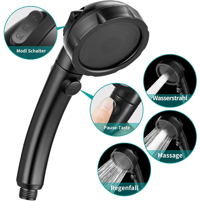 MIAOHUI Shower Head, Water-Saving with Water Stop Function, 3 Spray Patterns, Pressure-Boosting Shower Head, Shower with Hose and Holder, Black