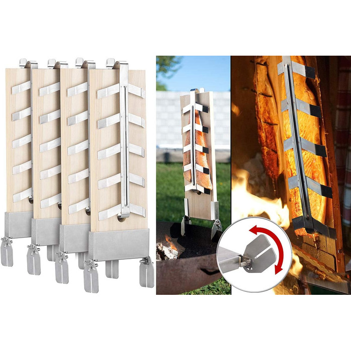 Набір кедрових дощок для запікання лосося Rosenstein & Söhne з нахильними тримачами з нержавіючої сталі, 4 шт.