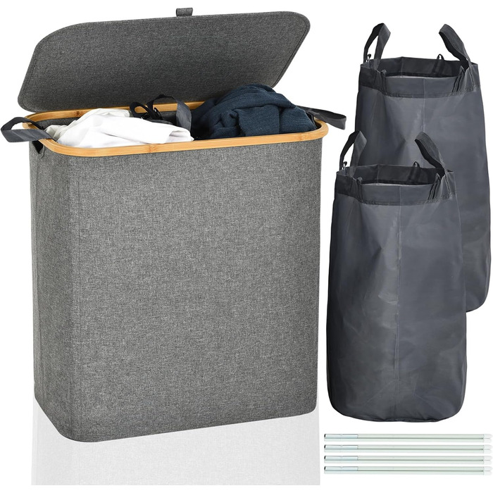ROSOS Laundry Basket with Lid, 145L Foldable Laundry Basket with 2 Compartments and Removable Laundry Bag, Laundry Collector with Lid & Bamboo Handle, Waterproof Laundry Box with Lid, Grey