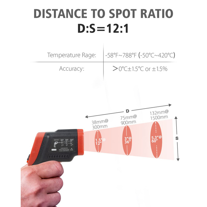 Інфрачервоний термометр Wintact з лазерним цільовим вказівником -50°C to 550°C, безконтактний, для кухні, піци, м'яса, промисловості (WT300)