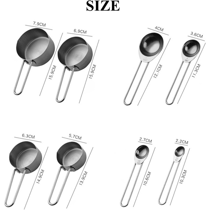 8-Piece Measuring Cup and Spoon Set, 4 Measuring Cups with Handles and 4 Coffee Measuring Spoons, Stainless Steel, Non-toxic, Rust-proof, Well-made, Professional Kitchen Measuring Set, Silver
