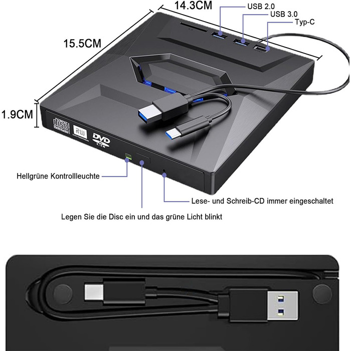 Зовнішній CD/DVD привід для ноутбука та ПК USB 3.0 & Type-C, DVD-RW записувач з картридером SD/TF та USB-хабом для Windows, Linux, Vista