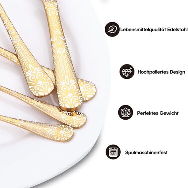 Gold Cutlery Set for 6 People, HONKKU 30-Piece Stainless Steel Cutlery Set, Dining Cutlery Set Mirror Polished with Floral Patterns, Fork Spoon Knife Set Dishwasher Safe