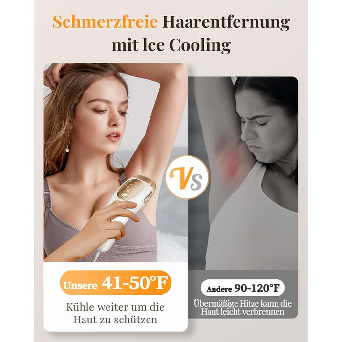 Пристрій для епіляції IPL з охолодженням, 9 рівнів потужності, 999900 імпульсів світла, безболісна епіляція вдома для обличчя, тіла, пахв та ніг (білий)
