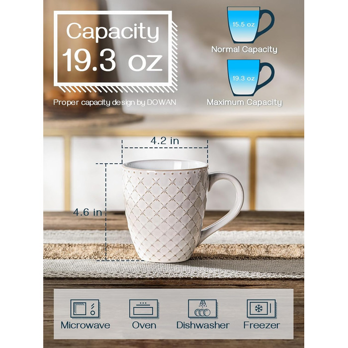 DOWAN Coffee Mug Set, 6 x 560 ml Porcelain Coffee Cups, Large Mugs with Embossed Pattern in Country House Style for Coffee, Milk, Tea & Hot Chocolate, Reactive White Mug Set