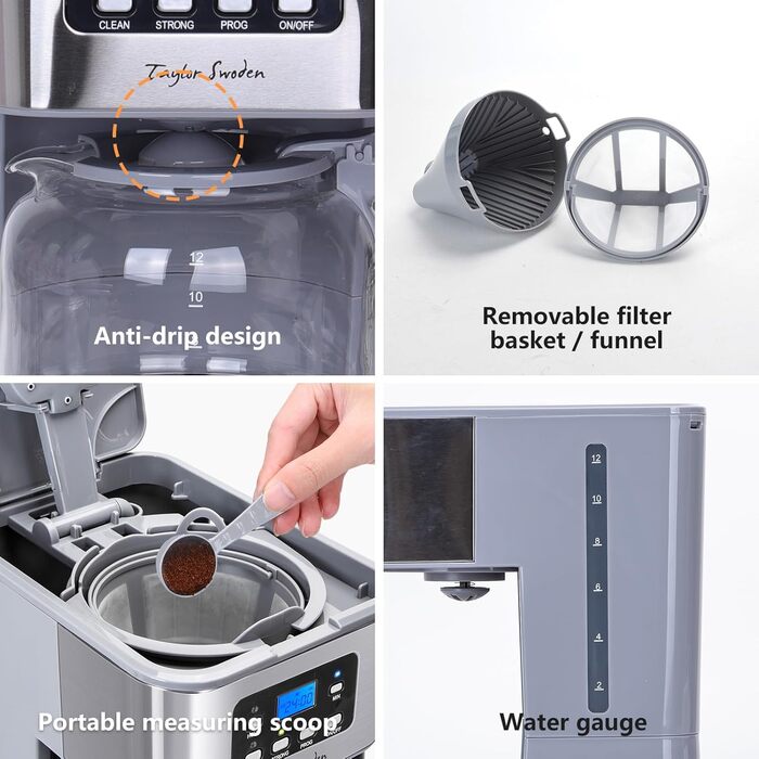 Кавомашина Taylor Swoden Darcy 950W з таймером, 1.5L, 12 чашок, автоматичне відключення, стоп-капля, багаторазовий фільтр, BPA-free (сіра)