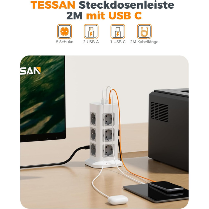 Многорозеткова смуга TESSAN із захистом від перенапруги, 3600W, 16A, 12 розеток, 2 USB-A, 1 USB-C, кабель 2м, сіра