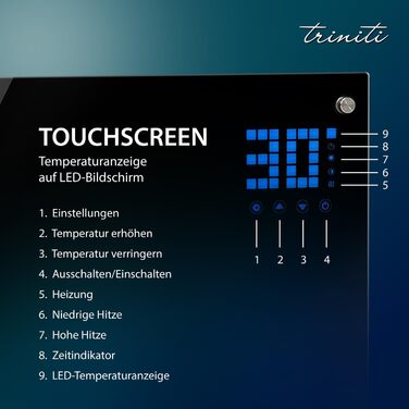 Електричний конвекторний обігрівач TRINITI з термостатом 2000W, скло, LED дисплей, таймер, захист від перекидання та перегріву, чорний