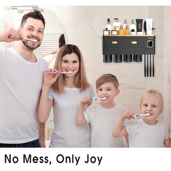 IHave Toothbrush Holder Wall-Mounted, Bathroom Toothbrush Holder with Toothpaste Dispenser, 3 Cup Toothbrush Holder with Drawer, Large Capacity Toothbrush Organizer Bathroom (4 Cups, Black Gold)