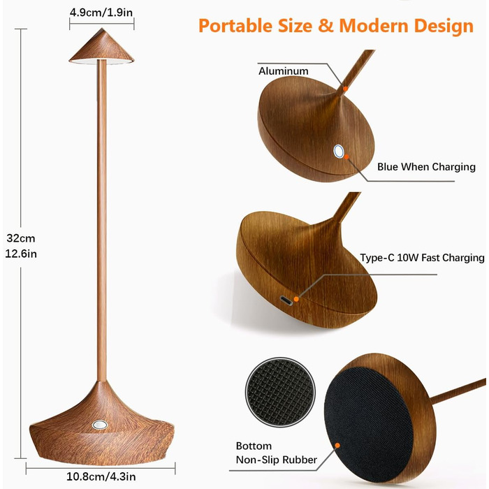 Світлодіодні акумуляторні настільні лампи Hapfish 2 шт, бездротові, диммуються, алюмінієві, водонепроникні, для дому, саду, ресторану (коричневі, дерев'яний колір)
