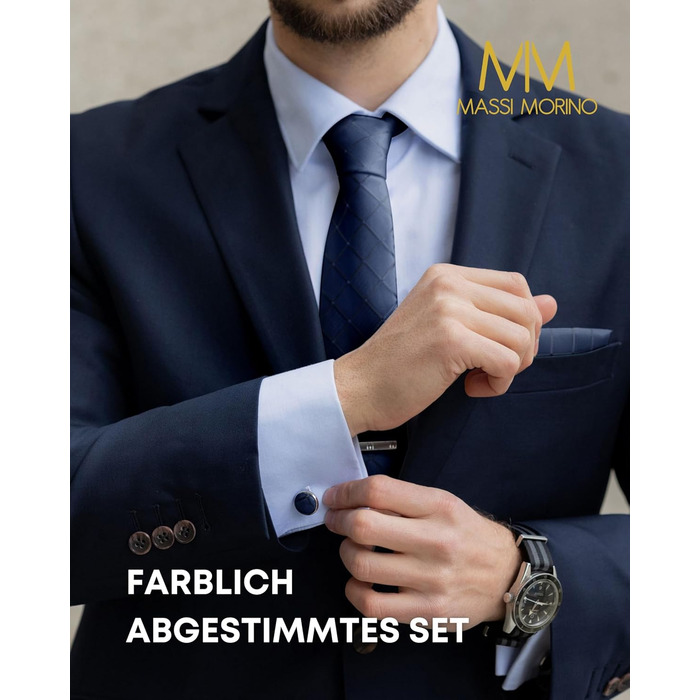 Набір краваток Massi Morino для чоловіків (з нагрудною хустиною, краваткозажимом та подарунковою коробкою) - темно блакитний, квадратний, для весілля