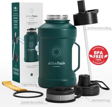 Спортивна пляшка з нержавіючої сталі ACTIVE FLASK 1,3 л, BPA-free, з трубочкою, 3 кришки, герметична, підходить для газованої води, темно-бірюзова, для спорту, фітнесу, аутдору