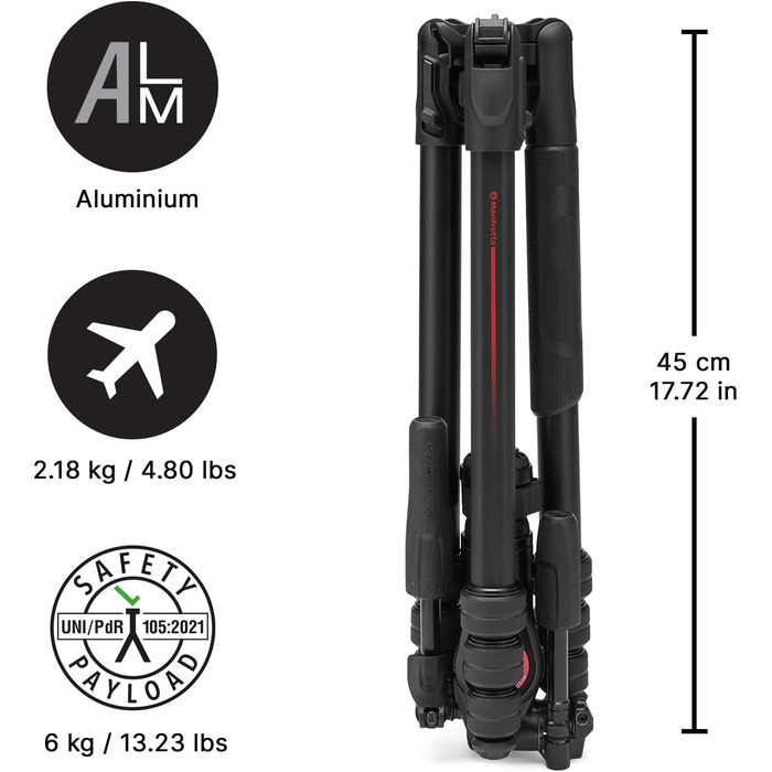 Штатив Manfrotto Befree Advanced 3-Way з тріножкою та рідинною головкою, алюміній, для камер та відеокамер до 6 кг, ультракомпактний, аксесуари для фото та відео