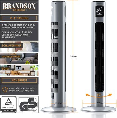 Вентилятор підлоговий Brandson Silverline 96 см з пультом керування, тихий, з осциляцією, 3 швидкості, 3 режими, таймер, сертифікат GS, сірий колір