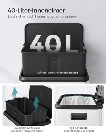 SONGMICS Відро для сміття кухонне, 40 літрів, з кришкою, з педаллю, Softclose, утримання кришки, біле LTB541E40