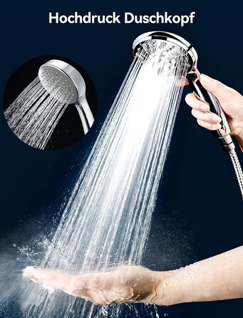 Насадка для душу Magichome з шлангом 2м, високого тиску, 5 режимів розпилення, турбо-дизайн, економна водозбереження, ручна лійка для душу з низьким тиском води (срібна з шлангом)