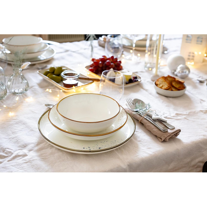 MÄSER Pintar Series, high-quality dining tableware set for 4 people, 16-piece combination service with light glaze, visual brown speckles, and a fine edge in a vintage handmade look, porcelain tableware set brown