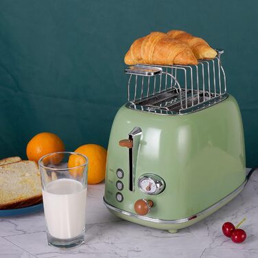 Wiltal Retro 2-Slice Toaster with 6 Adjustable Browning Levels, Stainless Steel with high-quality bread roll attachment. Warming, defrosting, and cancel function, countdown display, quick-toast technology (green)