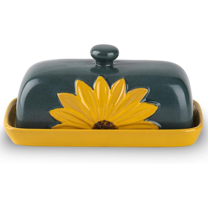 Farmhouse Ceramic Butter Dish with Lid, Large Sunflower Butter Dish