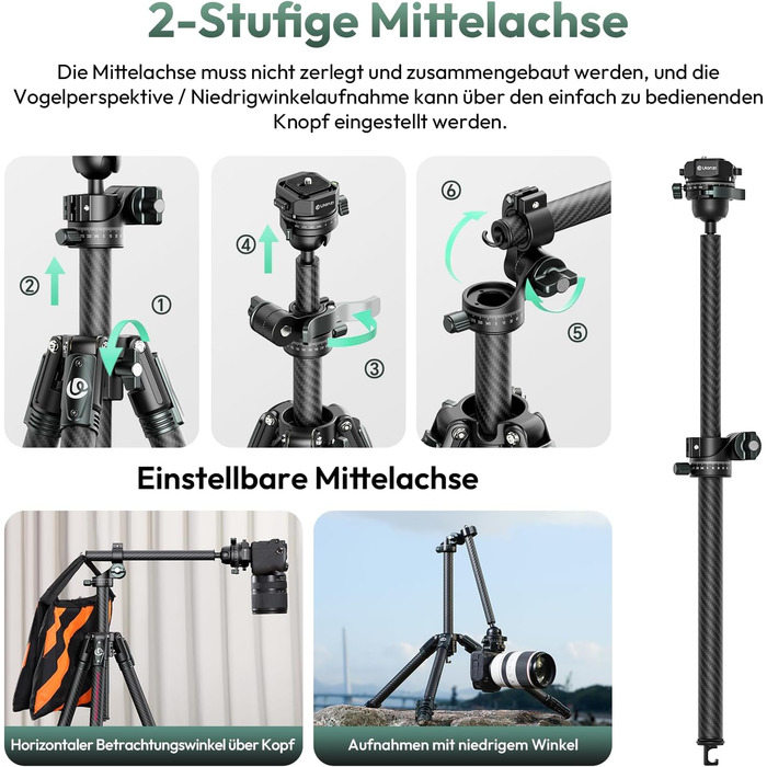 Штатив для камери ULANZI JJ05 GlideGo 184 см з карбону, складаний, з поворотним центральним стовпом, легкий, для DSLR, 360° кульковий голівкою, швидка пластина, вантажопідйомність 18 кг