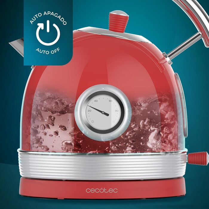 Cecotec Thermosense 420 Vintage Red Stainless Steel Kettle - 1.8L, 2200W, Temperature Display, 8 Cups