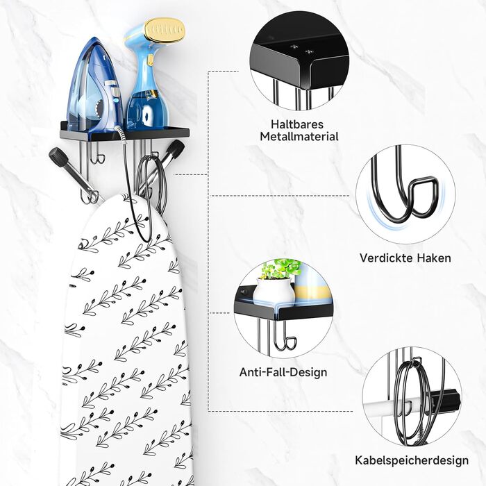 Настінна тримач для прасувальної дошки, праски та аксесуарів, чорний, металева стійка з великою полицею для прасування, Y/T-подібна форма