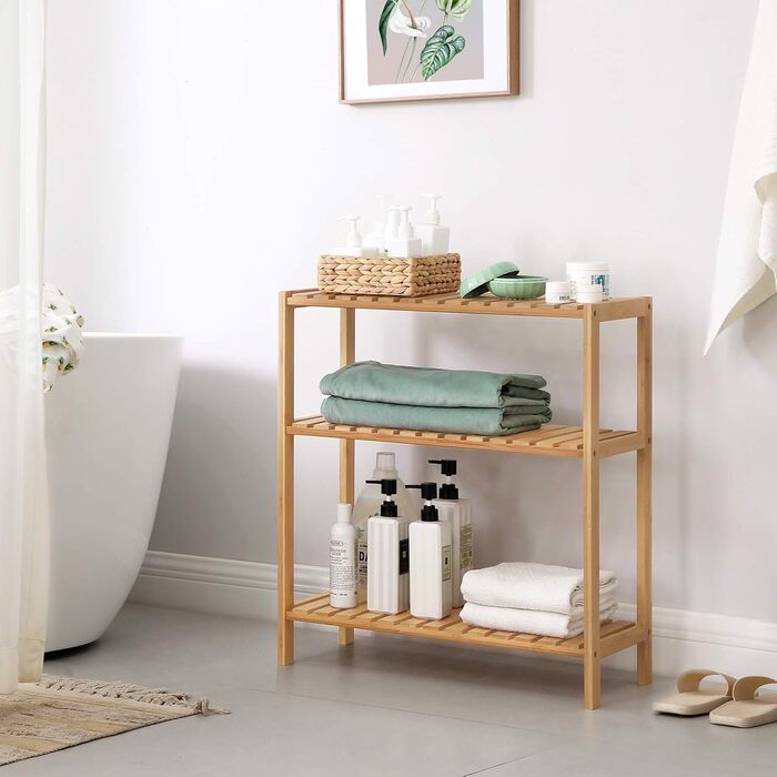 SONGMICS 3-Tier Shelves Bathroom Shelf, Bathroom Rack, Kitchen Shelf, Shoe Shelf, Bamboo Stand Shelf, 60 x 26 x 66 cm ideal for Bathroom, Living Room, Hallway, Kitchen, Balcony BCB33Y