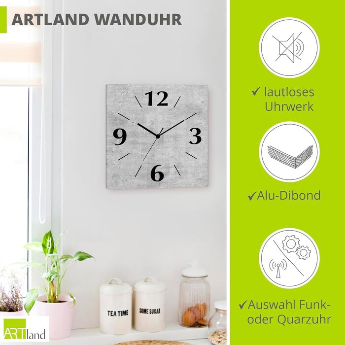ARTLAND Wall Decor Wall Clock without Ticking Sound, Aluminum, 30x30 cm, Square, Silent, Analog, 4 Numerals, 30x30 cm, U1RE Optics (Concrete, Quartz Clock)