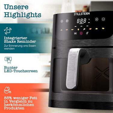 Stillstern Airfryer з оглядовим вікном, 8л, з парою та функцією Shake, 80-200°C, 1800W, таймер 120хв, 100 рецептів, чорний