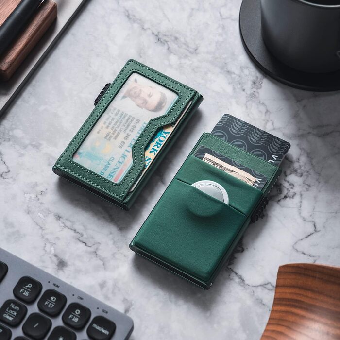 Чоловічий гаманець для карток VULKIT з EDC-відсіками, вікном для ID та RFID-захистом, Pop-Up механізм, металевий тонкий картхолдер (колір: нічний зелений)