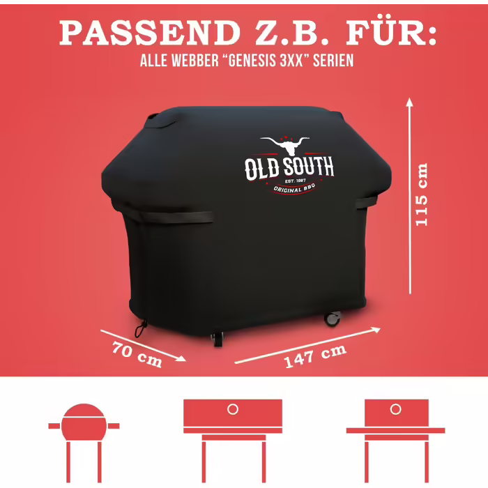 Old South - Weatherproof Grill Cover - Grill Cover for Weber, Napoleon, Brinkmann, Char Broil Gas Grills - BBQ Cover Black (147 x 70 x 115 cm)