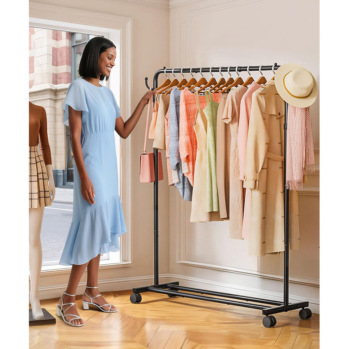 Стійка для одягу на колесах Yorbay: міцна металева вішалка з полицею для багажу. Компактна вішалка для спальні, пральні, магазину (Чорний, 117.5 см)