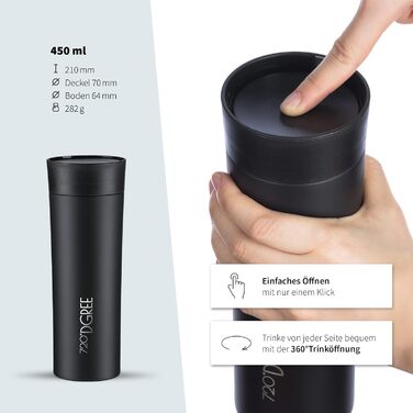 Термокружка 720°DGREE Premium 'PleasureToGo' 450мл, без BPA, не протікає, з нержавіючої сталі, з кришкою, для кави, з ізоляцією, чорна (Onyx Black)