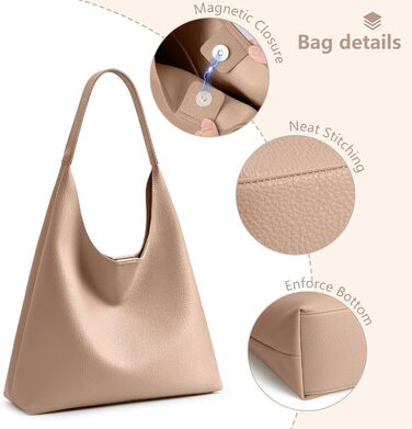 Сумка жіноча KALIDI Shopper Hobo з PU шкіри, бежева, для роботи, навчання, повсякдення, з кнопкою