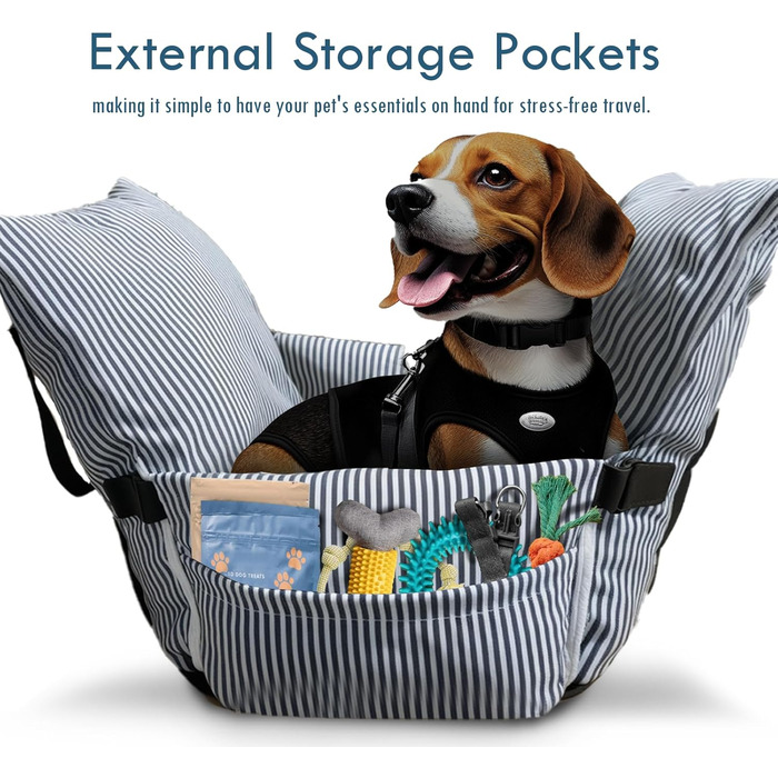 Автокрісло для собак маленьких та середніх порід (до 18 кг), з ременем безпеки та кишенями, антиковзаюча підставка, миється, морські смуги, 76x52 см